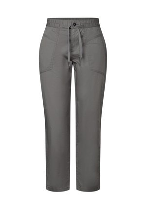 Pantalons légers gris avec une taille élastique, fermeture à cordon, et deux poches avant, présentant une coupe droite.