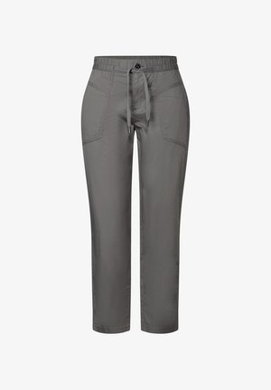 Pantaloni grigi leggeri con vita elastica, chiusura con lacci e due tasche frontali, dotati di un design a gamba dritta.