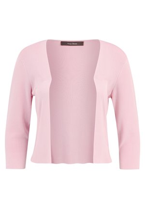 Helles rosa, geripptes Cardigan mit tiefem V-Ausschnitt, offener Front und langen Ärmeln. Weicher Stoff, keine Verschlüsse und ein lockerer, fließender Schnitt.
