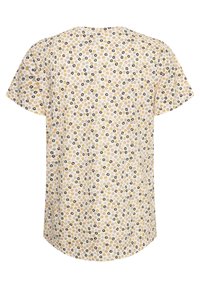 Blomster t-shirt med korte ærmer, der har en pastelfarvet baggrund med spredte, multicolor blomster i gul, lyserød og sort. Blødt stof og afslappet pasform.