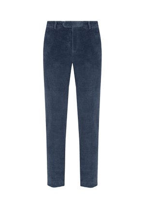 Pantaloni in corduroy blu navy con superficie tessurizzata, gambe dritte e chiusura anteriore con bottone. Presentano sottili strisce verticali.