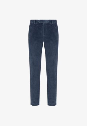 Navy corduroy broek met een gestructureerd oppervlak, rechte benen en een sluiting met een voorste knoop. Bevat fijne verticale strepen.