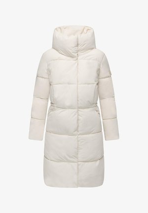 Valge puffjakker kõrge kraega, millel on horisontaalsed õmbluse osad, pikad varrukad ja sirge lõige, valmistatud siledast kangast.