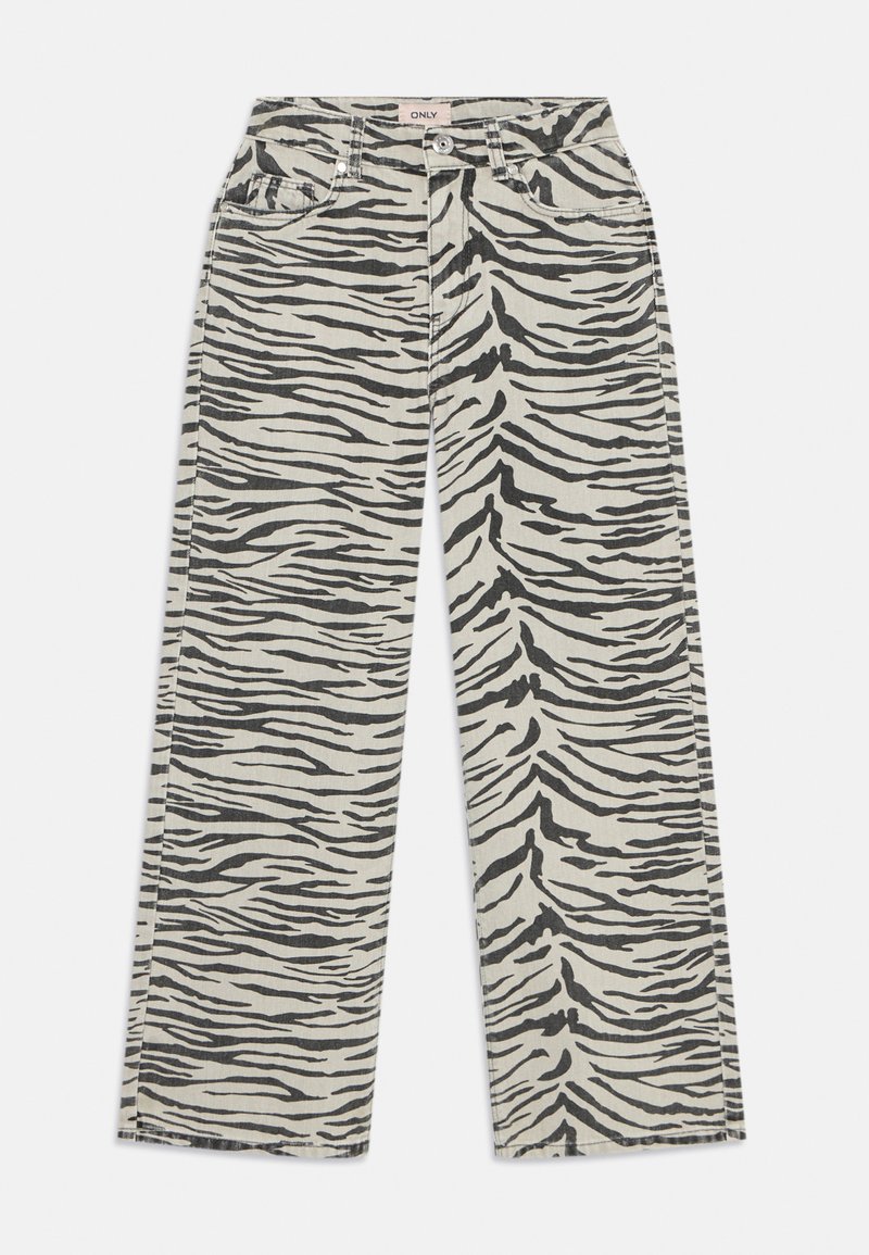 Bredde bukser i beige stoff med svarte tigerstriper, med frontlommer, knappeåpning og rett snitt.