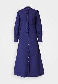 Abito lungo con bottoni in morbido tessuto blu navy, caratterizzato da ricami sulle maniche, colletto alla coreana e silhouette dritta.