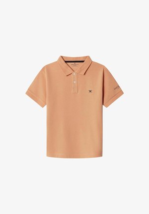 Blass pfirsichfarbenes Polohemd aus Baumwolle mit klassischem Kragen, dreiknöpfiger Knopfleiste, kurzen Ärmeln und gesticktem Logo auf der Brust.
