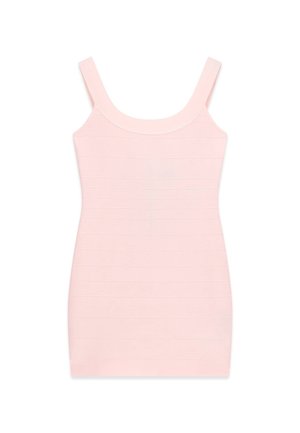 Vestido ajustado rosa claro sin mangas tipo bandage, con escote cuadrado y rayas horizontales texturizadas.