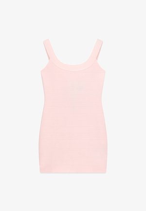 Vestido ajustado rosa claro sin mangas tipo bandage, con escote cuadrado y rayas horizontales texturizadas.