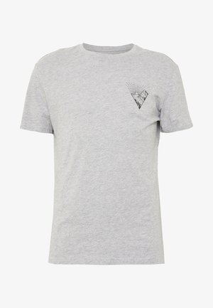 T-shirt in cotone grigio con maniche corte, collo tondo e una piccola grafica triangolare nera che rappresenta una montagna e il sole. Tessuto morbido, vestibilità regolare.