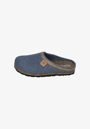 Wool felt slipper in blue with a brown accent around the opening and cork-like sole. Flat design with a cushioned insole for comfort.