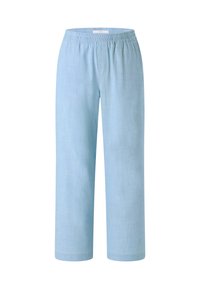 Helle blaue, weit geschnittene Hose aus einem weichen Stoff. Verfügt über einen elastischen Bund und umsäumte Bündchen. Einfaches, einfarbiges Design.