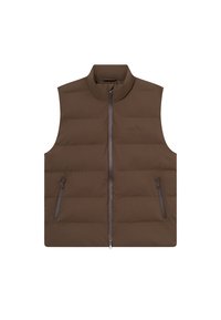 Brūns pūkains veste ar stāvošu apkakli, priekšējo rāvējslēdzēju un divām kabatām ar rāvējslēdzējiem sānos. Viegls materiāls ar quilted tekstūru.