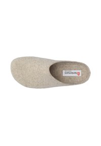 Filzschuh in Hellbeige, geschlossen mit runder Zehenpartie. Verfügt über ein schlichtes Etikett innen mit Markennamen und Gründungsjahr.
