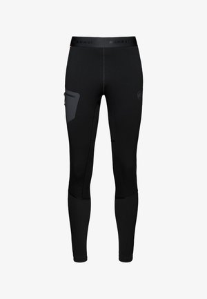 Leggings de sport noirs en tissu extensible, dotés d'une poche latérale, d'un logo et de coutures plates pour le confort et le soutien.