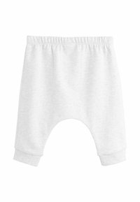Pantalons pour tout-petits en coton gris clair avec une taille élastique, des poignets côtelés et une conception à entrejambe abaissé pour le confort et la liberté de mouvement.