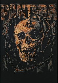 Sort t-shirt med et orange og sort grafisk design af et kranium omkranset af pigtråd, med teksten "PANTERA" ovenfor i en slidt stil.