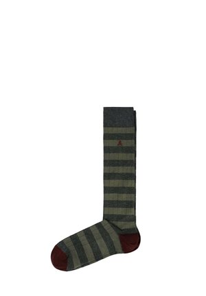 Calcetines a rayas verdes y grises con un puño gris oscuro y acentos color marrón en la punta y el talón. Fabricados con un tejido texturizado.
