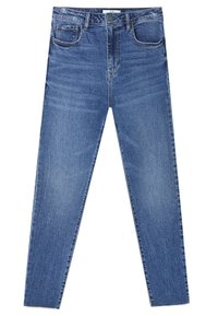 Jean en denim de bleu moyen avec une coupe droite, comportant des poches avant, une poche pour pièces de monnaie et des accents de couture visibles.