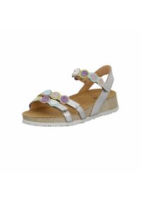 Silberne Sandalen mit mehrfarbigen, runden Akzenten an den oberen Riemen, einer strukturierten Sohle und einem Knöchelriemen für einen sicheren Sitz.