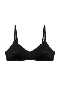 Svart bikini-liknande behå med justerbara tunna band, slät syntetisk tyg, triangulära kupor och minimala sömnadsdetaljer.