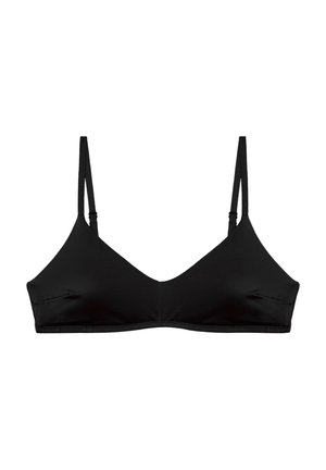 Schwarzer Bikini-BH mit verstellbaren dünnen Trägern, glattem Synthetikstoff, dreieckigen Cups und minimalen Nähdetails.