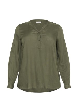 Olive green long-sleeve blouse in lightweight fabric with a buttoned placket, pleated front, and rounded hem. Features cuffed sleeves.