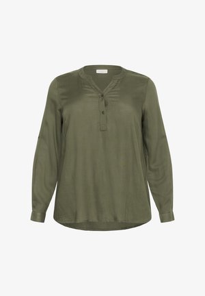 Blouse à manches longues vert olive en tissu léger avec une patte de boutonnage, un devant plissé et un ourlet arrondi. Elle dispose de manches à poignets.