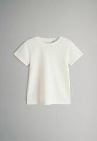 Witte T-shirt met korte mouwen van katoen, met een ronde hals en een gladde textuur. Eenvoudig ontwerp zonder zichtbare patronen of accenten.