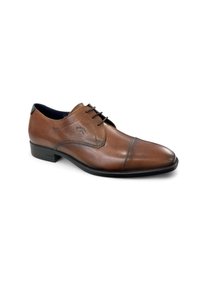Chaussure de ville en cuir marron avec un bout arrondi, dotée de lacets, de détails de couture discrets et d'une finition lisse. Talon noir bas.