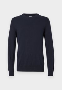 Pullover de malha azul-marinho com gola redonda, mangas longas e punhos canelados. Textura suave e design leve para conforto.