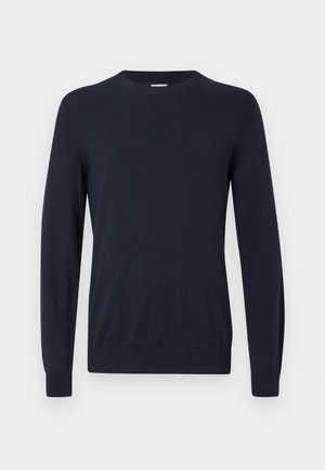 Marineblå strikkegenser med rund hals, lange ermer og ribbestrikkede mansjetter. Glatt tekstur og lett design for komfort.