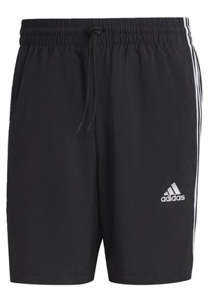 Bermudas deportivas negras de tela ligera, con cintura ajustable con cordón, franjas laterales y un logo blanco en la parte inferior izquierda delantera.