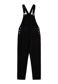 Schwarze Corduroy-Latzhosen mit verstellbaren Trägern, seitlichen Knöpfen, zwei Fronttaschen und geradem Bein. Weicher Stoff.