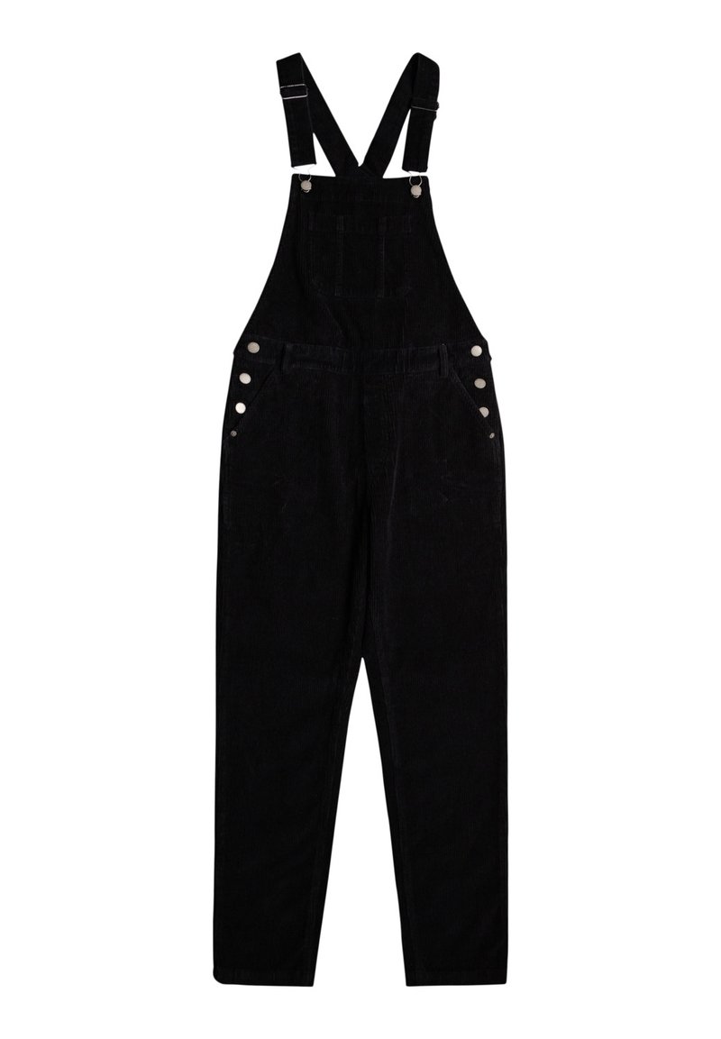 Schwarze Corduroy-Latzhosen mit verstellbaren Trägern, seitlichen Knöpfen, zwei Fronttaschen und geradem Bein. Weicher Stoff.