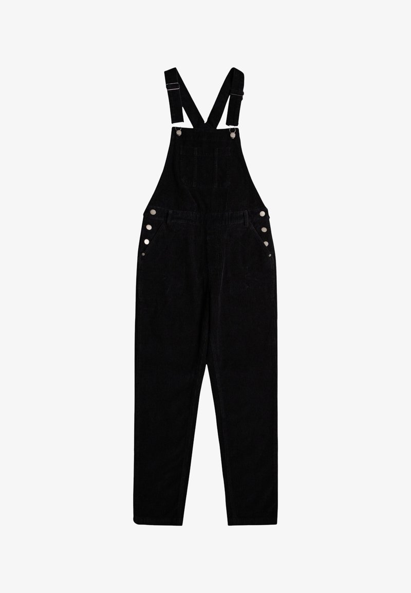 Schwarze Corduroy-Latzhosen mit verstellbaren Trägern, seitlichen Knöpfen, zwei Fronttaschen und geradem Bein. Weicher Stoff.