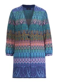 Multicolored knitted cardigan featuring a geometric pattern in blue, green, pink, orange, and purple, with a relaxed fit and button closure.