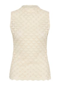 Haut sans manches en dentelle beige avec des bords festonnés et un col haut, avec un motif répétitif en forme d’éventail.