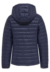 Veste matelassée bleu marine avec capuche et manches longues, vue de dos.