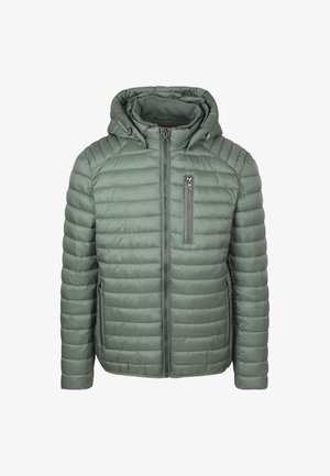 Polsterte, kapuzenjacke in sanftem, gedämpftem Grün. Verfügt über eine gesteppten Textur, Reißverschluss und eine schlanke Passform. Zwei seitliche Taschen und eine Brusttasche.