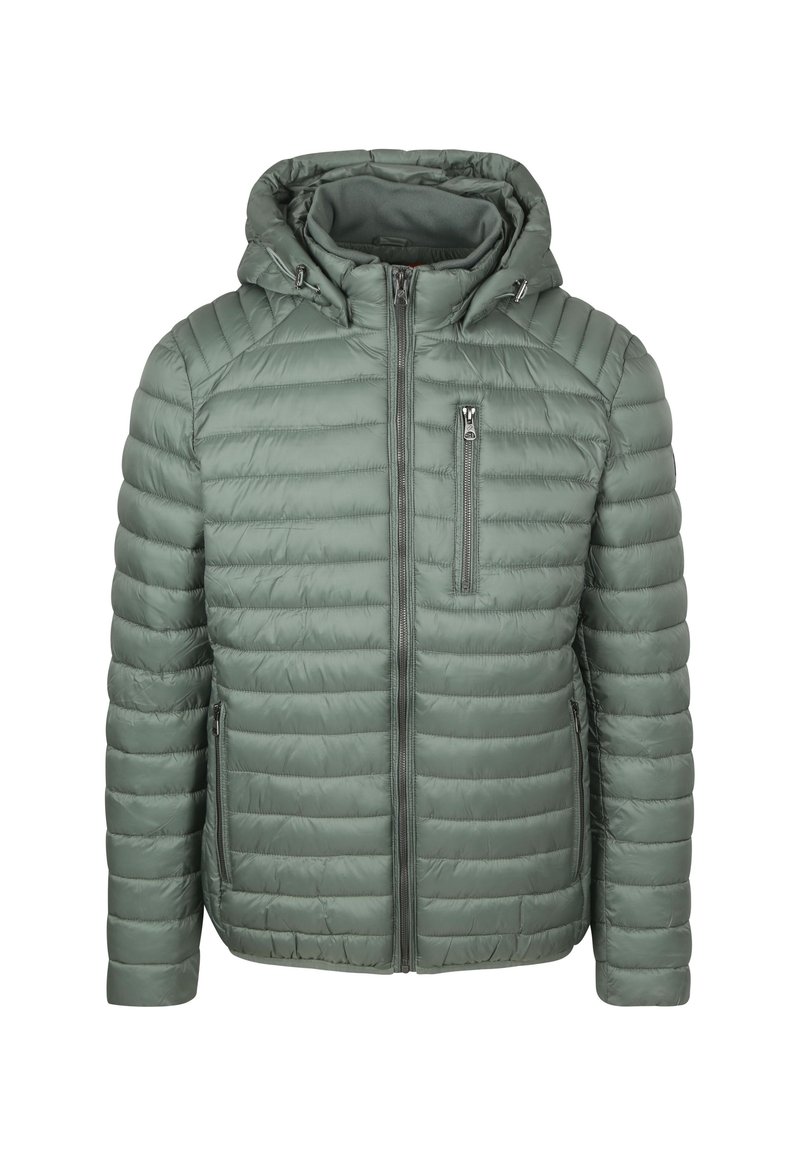 Gevoerde, gebreide jas in een zachte, gedempte groen. Kenmerken zijn een gestikte textuur, ritssluitingen en een slim fit. Twee zijzakken en één borstzak.