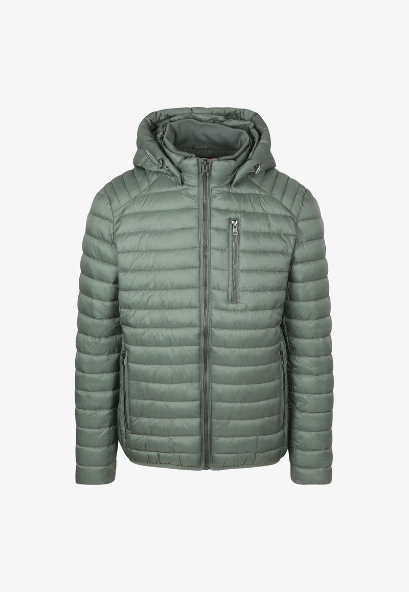 Gevoerde, gebreide jas in een zachte, gedempte groen. Kenmerken zijn een gestikte textuur, ritssluitingen en een slim fit. Twee zijzakken en één borstzak.