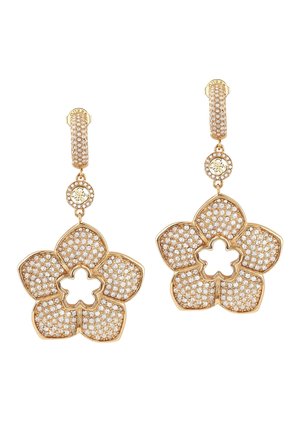 Orecchini a forma di fiore in oro, caratterizzati da più piccole cristalli, un centro aperto e un gancio testurizzato e decorato per un attacco sicuro.