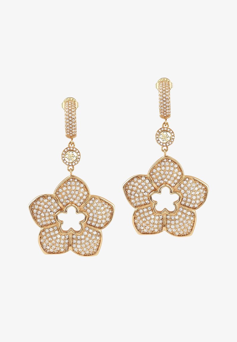 Orecchini a forma di fiore in oro, caratterizzati da più piccole cristalli, un centro aperto e un gancio testurizzato e decorato per un attacco sicuro.