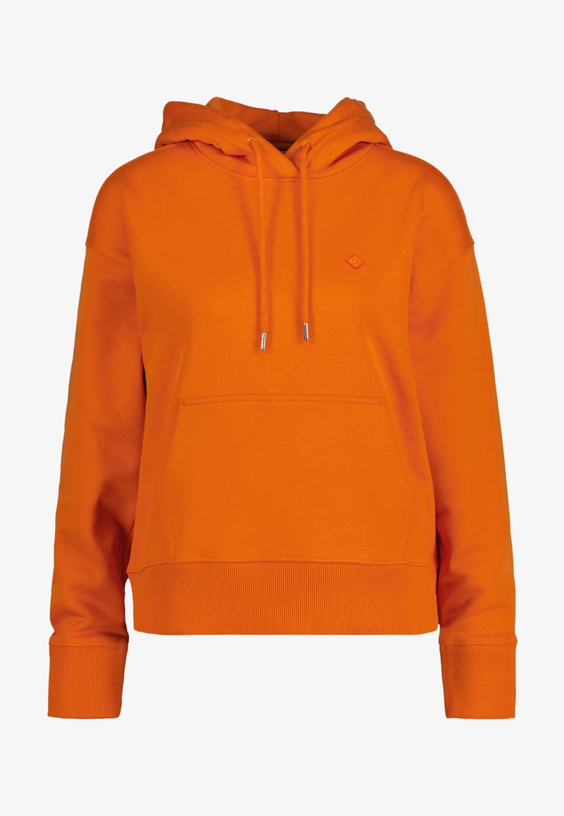 Felpa arancione con cappuccio e tasca frontale, cappuccio con lacci, polsini e orlo a coste, realizzata in un morbido e spesso tessuto.