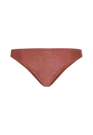 Rudohnedý spodný diel bikín vyrobený z trblietavej látky. Má dizajn s nízkym pásom, úzkymi stranami a minimálnym krytím. Hladká textúra.