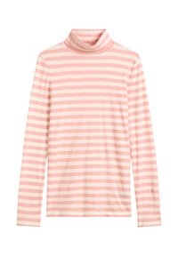 Riba pikad varrukad ja kõrge kraega turtleneck helesinises ja kreemjas toonis. Pehme kangas ja keha lähedane disain, sirge lõikega.