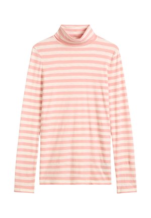 Maglione a righe a maniche lunghe con colletto alto in rosa chiaro e crema. Tessuto morbido con un design aderente, caratterizzato da un colletto alto e orlo dritto.