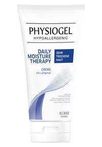 Weißes Rohr mit Flip-Top-Deckel, mit schwarzem und blauem Text. Enthält "Physiogel Daily Moisture Therapy" für sehr trockene Haut. 14% Lipidgehalt.