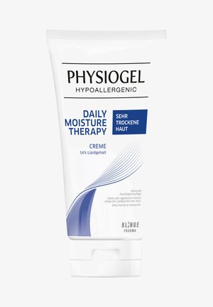 White tube with a flip-top cap, featuring black and blue text. Contains "Physiogel Daily Moisture Therapy" for very dry skin. 14% lipid content.