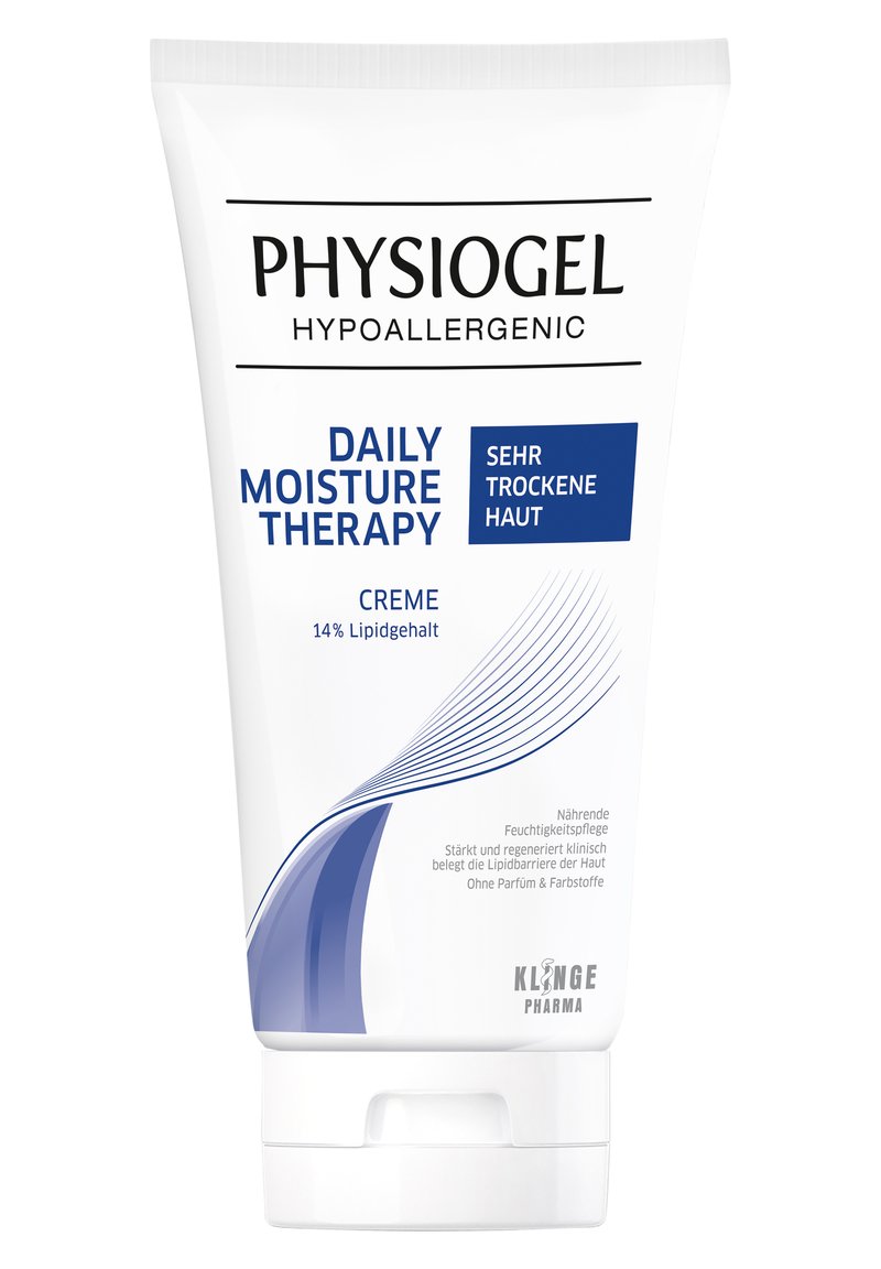 Weißes Rohr mit Flip-Top-Deckel, mit schwarzem und blauem Text. Enthält "Physiogel Daily Moisture Therapy" für sehr trockene Haut. 14% Lipidgehalt.